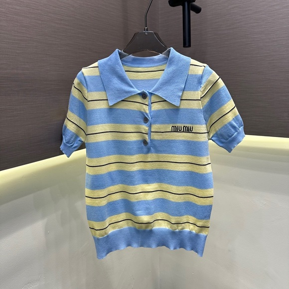 Miu Miu Tops - Miu Miu Striped V-Neck Knitted Short Sleeve Shirt